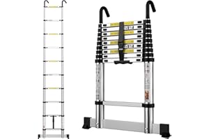 SIMPDIY Telescopic Ladder 2.9M / 9.5FT Aluminium Extension Loft Ladder with Stabilizer Bar & Detachable Hooks, Multi Purpose Extendable Portable Folding Ladders, 10 Steps, EN131, Aluminium
