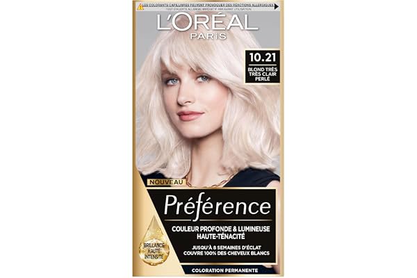 L’ORÉAL PARIS - Coloration Cheveux Permanente - Longue Durée & Lumineuse - Couvre 100% des Cheveux Blancs - Préférence - Nuance : Stockholm (10.21), Blond Très Très Clair Perlé