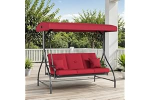 TLSUNNY 3-Seat Patio Swing Chair W/Adjustable Canopy & Backrest, Removable Seat Cushion, Convertible Porch Bed with Stand, 45° Adjustable Canopy, for Backyard, Poolside, Balcony, 750LBS