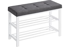 SONGMICS Shoe Bench, 3-Tier Shoe Rack for Entryway, Storage Organiser with Foam Padded Seat, Linen, Metal Frame, for Living Room, Hallway, 31 x 81 x 49 cm, White and Grey LBS057W03
