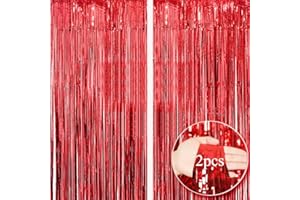 CHENQI 2pcs 3.2ft x 6.5ft Foil Fringe Curtain Door Curtains, Metallic Tinsel Curtains Streamers for Birthday Graduation Wedding Engagement Bridal Shower Bachelorette Holiday Party Decoration (Red)