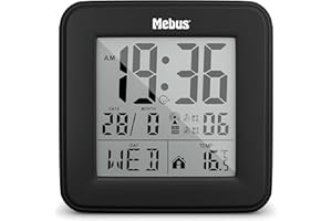MEBUS digitaler Funk-Wecker mit Thermometer, Beleuchtung und Kalender, kompakt & stabil/Farbe: Schwarz/Modell: 25595