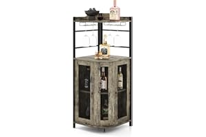 TANGZON Corner Bar Cabinet, 2 Mesh Doors Wine Cabinet with Glass Holders, Adjustable Shelf & Anti-Tipping Devices, Industrial Liquor Drinks Storage Sideboard for Home Bar Kitchen Cellar (Oak Grey)