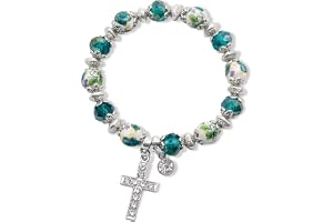 Nazareth Store Handgjord kristalliserad glaspärlor kors armband med keramiska blommor pärlor religiös kristen armband för kvi