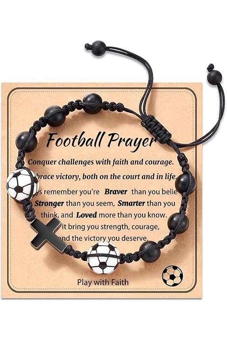 Bracelet Initial En Pierre Naturelle (obsidienne) Avec Pendentif Football - Ajustable Pour Enfants - Cadeau Sportif