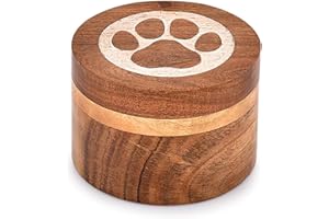 Samhita Urna decorativa in legno di acacia, forma rotonda, motivo zampe bianche, urna per ceneri per cani, urna per animali domestici per gatti (8,89 cm x 8,89 cm x 6,35 cm)