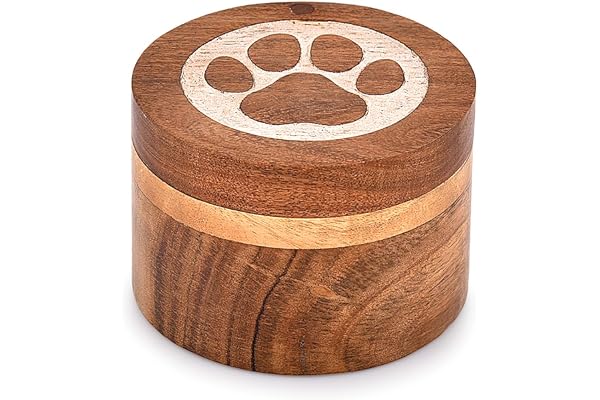 Samhita Urne décorative en Bois d'acacia - Urne Ronde - Motif Pattes Blanches - Urne pour Cendres de Chiens et Chats (8,9 x 8,9 x 6,3 cm)