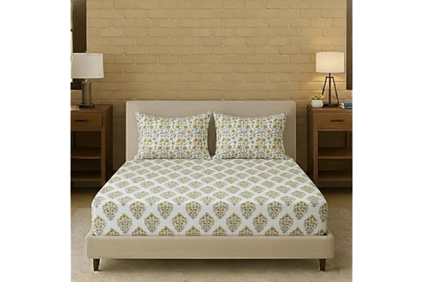 Trance Home Linen 180 TC 100% Cotton 78"x60" Standard Queen Size Elastic Fitted Bedsheet Printed Queen Bed Size Elasticated Fitted Bedspread with 2 Pillow Covers (Queen 78x60 inch, Madhuban Yellow)