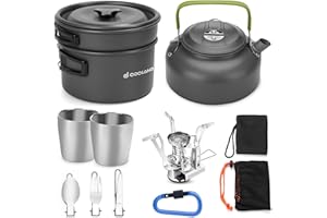 Odoland Pentole Set da Campeggio con Pentola Padella Bollitore da Campeggio, Tazza, Posate Pieghevoli, Moschettone - Stoviglie e Pentole da Campeggio Leggero e Compatto