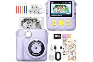 MILFECH Kinderkamera Sofortbildkamera, 1080P 2,4 Zoll Bildschirm DigitalKamera Kinder mit 5 Rollen Druckpapier,32GB Karte, Fotokamera mit 6 Farbigen Stiften,2 Aufkleber Geschenk für Kinder (Lila)