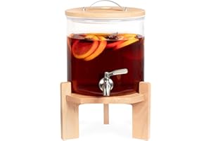 Navaris Distributeur de Boissons avec Robinet - Distributeur Boisson 5L en Verre avec Couvercle et Support en Bois - Fontaine Eau Cocktail Jus Alcool