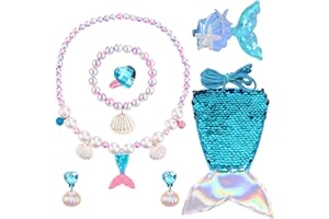 AUNGKWANG 7 Stück Meerjungfrau Kinder Schmuckset Mädchen, Meerjungfrau Schmuckset, Meerjungfrauenflosse Mädchen Tasche Halsketten Armbänder Ringe Ohrringe, Geschenke für Mädchen ab 3 Jahren