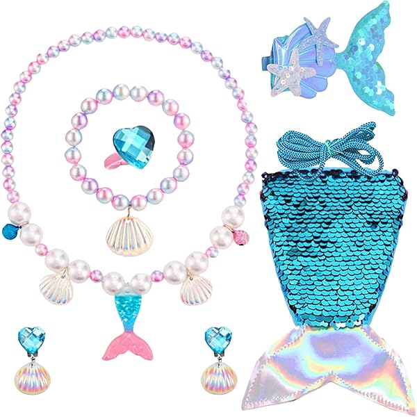 Set Gioielli Sirena Per Bambine - Collana, Orecchini, Bracciale E Borsetta A Tracolla Con Paillettes - Foto 11