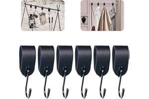 QuirkLz S Haken mit Lederschlaufe, 6 Stück, Schwarz Kleiderhaken, Garderobenhaken mit Lederschlaufe, Multifunktionale Metallhaken für Garderobe, Küche, Bad – zum Aufhängen von Kleidung und Accessoires