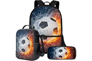 Wnbucioht Football Backpack for Boys Kids School Bags Set 3 Pcs Flame Soccer Print School Backpack Set with Lunch Bags Pen Holder Children Personalized Bookbag for Kindergarten Elementary Daypack