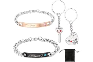 HOWAF Keyring Bracelet Couples Valentines Gifts, I Love You Valentines Key Chains & Her Beast His Beauty Bracelets for Her Him Gifts, for Girlfriend Boyfriend Couples Valentine's Day