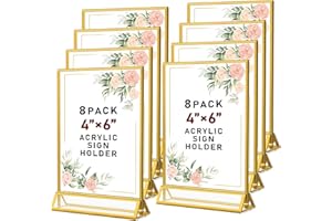 SAREAL Goldene Schilderhalter, 10,2 x 15,2 cm, Acryl, transparent, doppelseitig, goldfarben, Bilderrahmen, Schilderhalter für Hochzeitstischnummern, Menühalter, Fotorahmen, 8 Stück