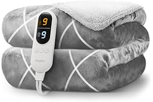 KEPLIN Large Electric Heated Throw Blanket - Electric Heated Blanket Throw for Bedspread 9 Heat Settings & Timer, Machine Washable Fleece Wool Duvet with 1 Year Warranty - Light Grey & Cream Sherpa