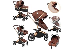 Sianldcone Pelle PU Passeggino 3 in 1 Trio Neonati, 360° Sedile Girevole Carrozzina per Neonato, Spinta Bidirezionale Passeggino Reversibile, Visione Aperta Passeggino Trolley (906 Brown)