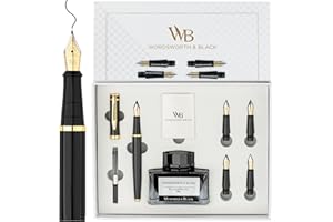 Wordsworth & Black Set regalo Penna Stilografica, include bottiglia d'inchiostro, 6 cartucce d'inchiostro, convertitore di ricarica d'inchiostro, 4 punte di ricambio, Pacchetto Premium [Oro Nero]