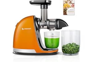AMZCHEF Extractor de zumos y verduras - Licuadora prensado en frío - Cold press slow juicer machine con función de masticación inversa - Licuadoras para zumos con 2 depósitos y cepillo - Naranja