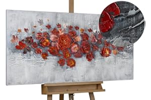 KunstLoft Leinwandbild | 100% HANDGEMALT | 120x60cm | Gemälde 'Pearls and Roses' | Rosen | Rot Grau | Wandbild Wohnzimmer