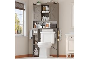 EasyCom Over The Toilet Storage Cabinet with Metal Frame and 7 Storage Shelves, Bathroom Organizer with Adjustable Shelves, Paper Holder and Racks, Farmhouse Toilet Cabinet for Laundry, Oak Grey