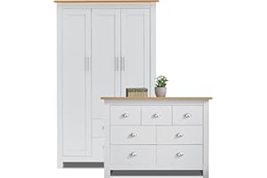 Blisswood Bedroom Set With 3 Door Wardrobe & 4+3 Drawer Chest of Drawer With Stainless Steel Cup Handle Modern Bedroom Set for 2 Piece Storage Furniture (White & Oak)