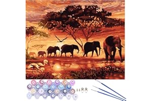 CaptainCrafts Paint by Numbers, Paint by Numbers for Adults DIY Oil Painting Linen Canvas Wall Art Home Decor 16 * 20 Inch (Sunset Landscape Elephant and Baby Elephant, Frameless)