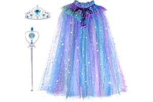 Landifor 3pz Mantello Colorato della Principessa Mantello Principessa Bambina Mantello della Principessa Set-Mantella in Tulle Corona Bacchetta-per Bambina Travestimento Carnevale Cosplay Feste(71cm)