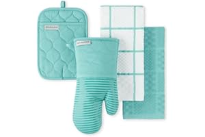 KitchenAid Onion Quilt KT OM PH Kitchen Towel, Oven Mitt & Potholder Set, Aqua Sky