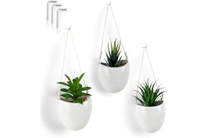 PASCH® Zestaw 3 sztucznych roślin w wazonach ściennych z białej ceramiki | mała roślina wisząca (15 cm) wraz z gwoździami do zawieszenia | wazon ścienny z sukulentami | sztuczne rośliny wiszące