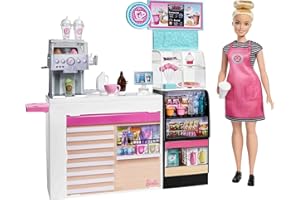 Barbie Kawiarenka Zestaw do zabawy + Lalka (30 cm) blondynka i ponad 20 realistycznych akcesoriów: ekspres do kawy i maszyna do koktajli w jednym, od 3 roku życia, GMW03