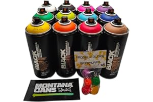 PROGAL COLORS Montana Black 400 ml popularne kolory zestaw 12 sztuk graffiti street art mural farba w sprayu + 6 wymiennych głowic natryskowych