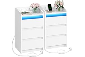 Hzuaneri Bedside Tables Set of 2 with 3 Drawers, Bedside Cabinet, Side Table with Charging Station and LED, 2 AC and 2 USB Ports, Nightstand for Bedroom, Living Room, End table, White NS40103XUK