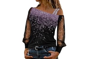 CHENSIYU Glitzer Oberteile Damen Sexy, Lässig Pailletten Oberteile Sexy Tshirt Netz Langarm Einfarbig Shirt Rundhals Bluse Frauen Sommer Party Tunika Tops