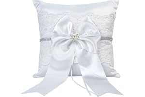 mimzemamz Cuscino Fedi Nuziali, Matrimonio Decorazione Cuscino per Fedi Nuziali Bianco Cuscino Portafedi 20x20cm Porta Fedi con Nastro e Perle Artificiali per Matrimoni (Cuscino Fedi 2)