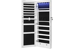 SONGMICS Frameless Mirrored Jewellery Cabinet Armoire, 6 LEDs Jewellery Organiser Wall Hanging or Door Mounted, Large Capacity with 2 Drawers, White JJC99WT