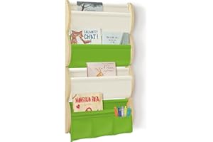 wooshwa Libreria Montessoriana per Bambini da Parete 4 Ripiani e 3 Tasche Porta Libri Bambini Scaffale Salvaspazio Legno 81x43x8cm - Verde