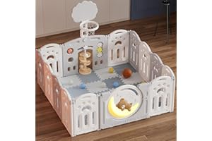 GOODS EMPORIUM Adventure Bear Baby Playpen for Baby and Toddlers Foldable - Kids Play Pen Babies and Toddlers - Includes Play Mats, Activity Panel, Basketball Hoop & Balls (White/Grey)