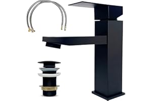 MSC Black Basin Mixer Tap with Pop-Up Waste, Bathroom Sink Tap with Stainless Steel Mounting Feet & Angled Nozzle, Single Lever Hot & Cold Faucet with Ceramic Valve Core, Includes Hoses & Fitting Kit