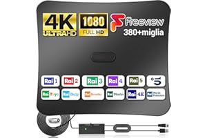 YOWREPU Antenna TV interna，Portabile Digitale Antenna TV con Amplificatore di Segnale integrato e ricezione fino a 380 miglia Support 4K 1080P VHF UHF Canali Gratuiti ，Cavo Coassiale 5M