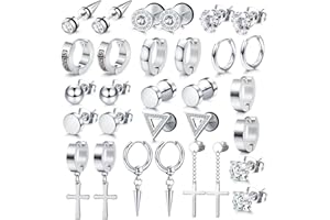 JeweBella 15 par kolczyki męskie ze stali nierdzewnej srebrne okrągłe kolczyki z krzyżem Piercing chrząstka cyrkonowa zestaw punkowy kolczyki czarno-srebrny dla mężczyzn kobiet