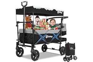 ‎SEKEY Sekey Bollerwagen Faltbar mit Dach 2 Kinder 100KG, Faltbarer Bollerwagen Handwagen Schiebegriff, Kinderwagen Stoßfest PU-Räder mit Bremsen 110L, SS5050, Grau mit Schwarz