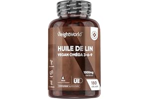 WEIGHTWORLD Omega 3 Vegan Pressée à Froid Huile de Lin 1000mg, 180 Gélules Pour 6 Mois, Alternative À l'Huile d’Algues, Oméga3 6 9 Source DHA, EPA et d'Acide Alpha Linolénique