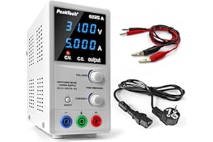 PeakTech 6225 A – Fuente de alimentación 0-30V / 0-5A, ajustable, DC con pantalla LED de 4 dígitos, conmutación estabilizada, amperímetro, sobrecarga y prueba de cortocircuito, diseño estrecho