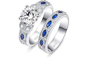 Bonlavie Ensemble Femmes Bagues de Mariage Engagement Alliance Fiançaille Pierre en Saphir Zirconium Cubique, 2pcs Anneau en Argent 925 Pierre Taille 49-61.5