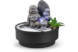 Zen trädgård inomhusfontän, avtagbar Buddha-staty, färgglatt LED-ljus, avslappnande atmosfär, Zen trädgård vit sand, stängd k