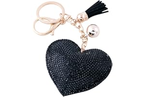 Soleebee En Cuir Amour Coeur Keychain Bling SS6 Premium Cristal De Voiture Porte-clés Valise Sacs À Dos Accessoires Charme avec Glands (Noir)