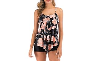FLYILY Women 2 Piece Tankini Swimsuits Flounce Printed Top with Boyshorts Plus Size Swimwear Bathing Suit